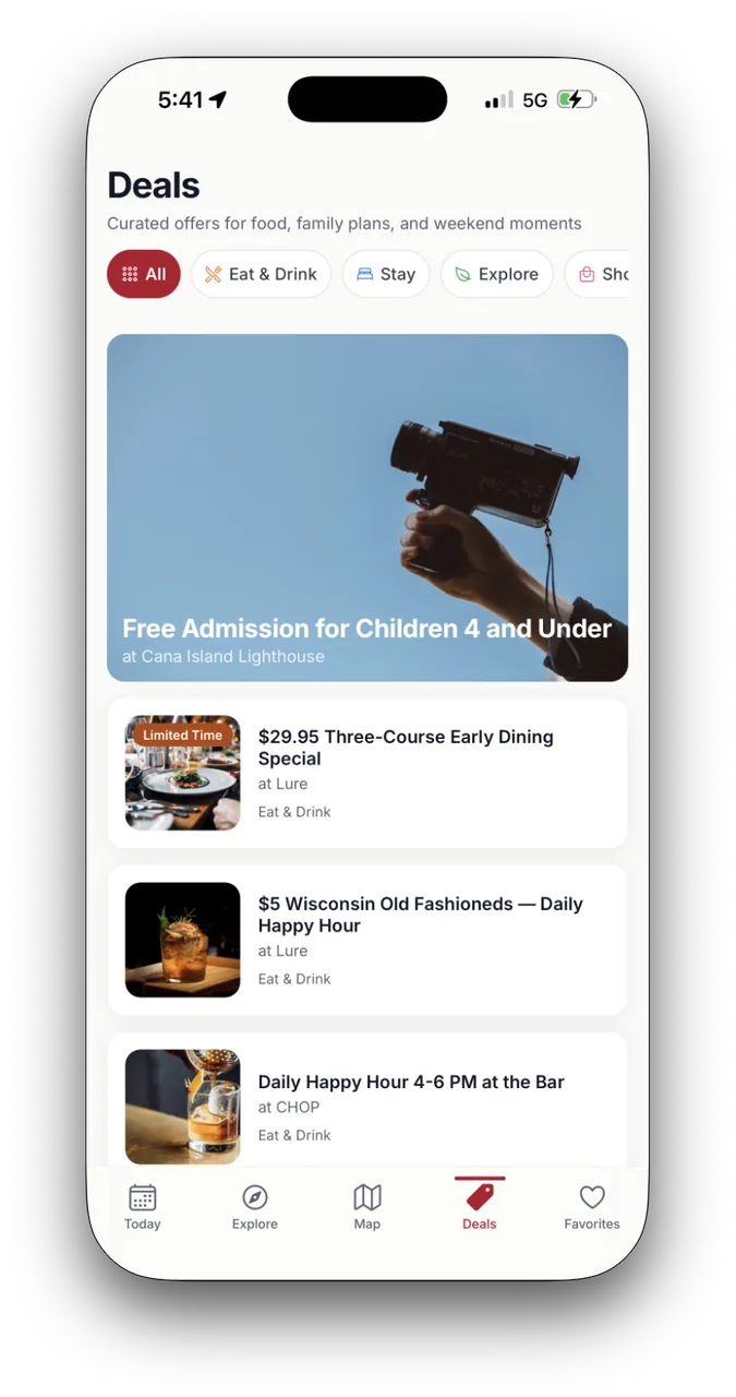 The Deals screen listing current local offers.