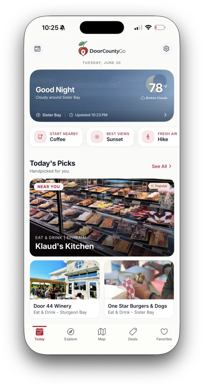 The Today screen showing local weather and handpicked places.
