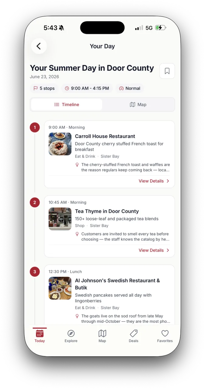 The itinerary builder showing a generated day plan.
