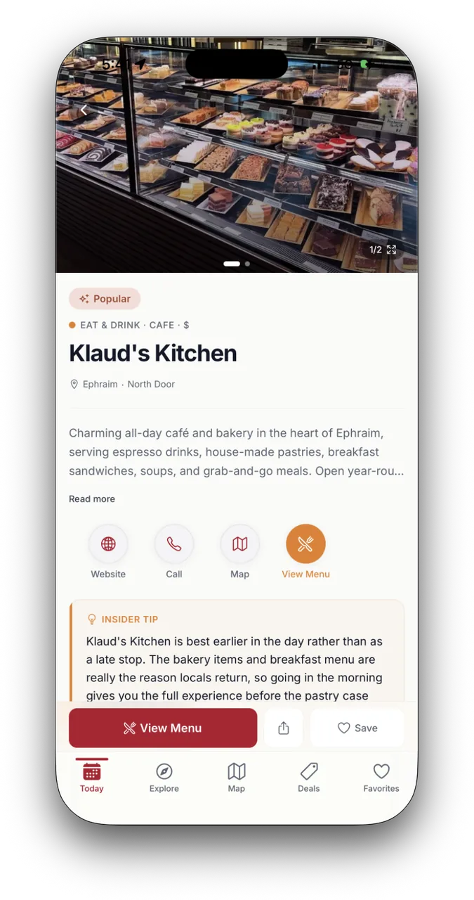 A place detail page with hours, contact actions and an insider tip.